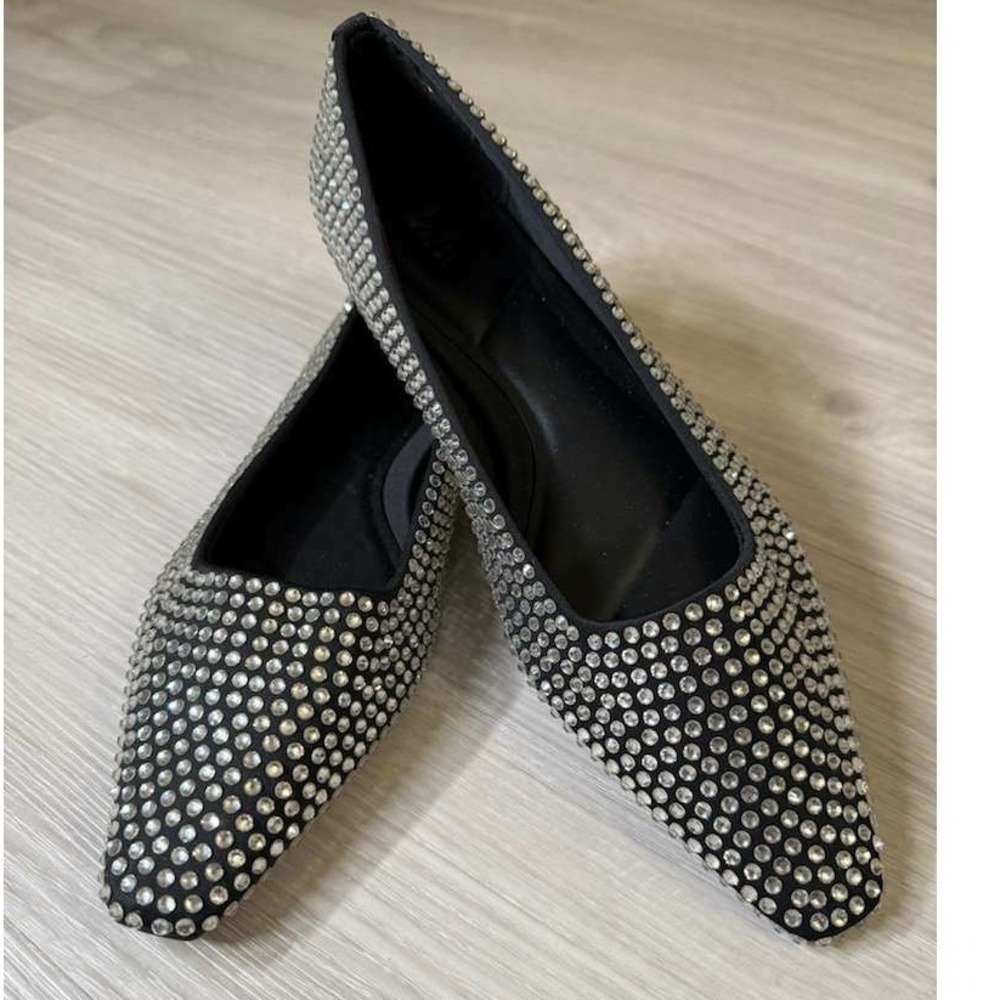ZARA Studded Ballet Flats Womens US 7 Black Rhinestone Slip On Shoes - Picture 3 of 11